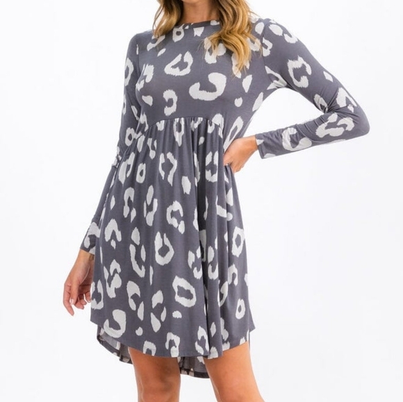 Boutique Animal Print Flare Dress Long Sleeve Pockets Above The Knee Gray - Picture 6 of 16